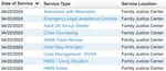 Table displaying assorted DV/SA service types